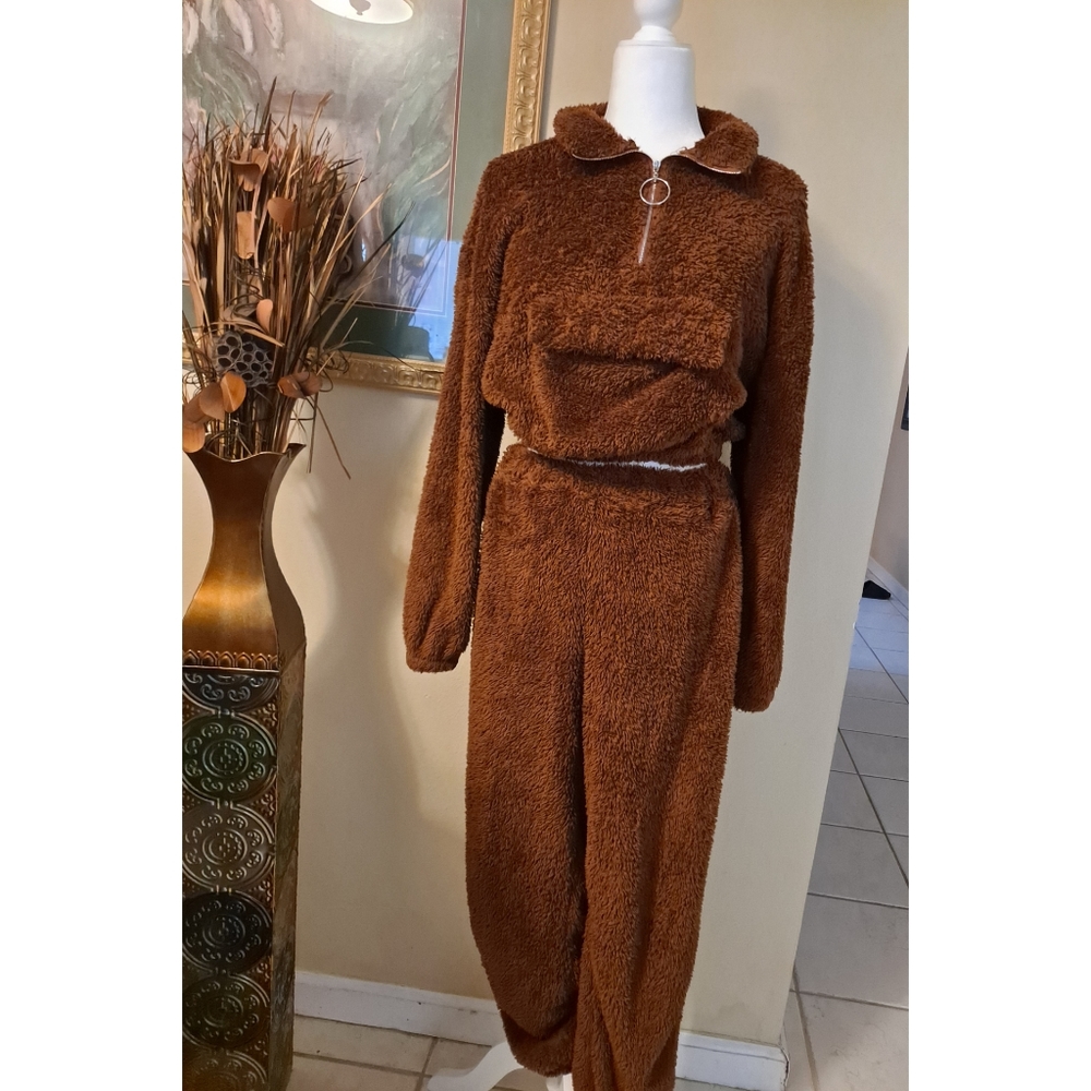 Drop shoulder half zipper placket teddy pullover & pants set ☕